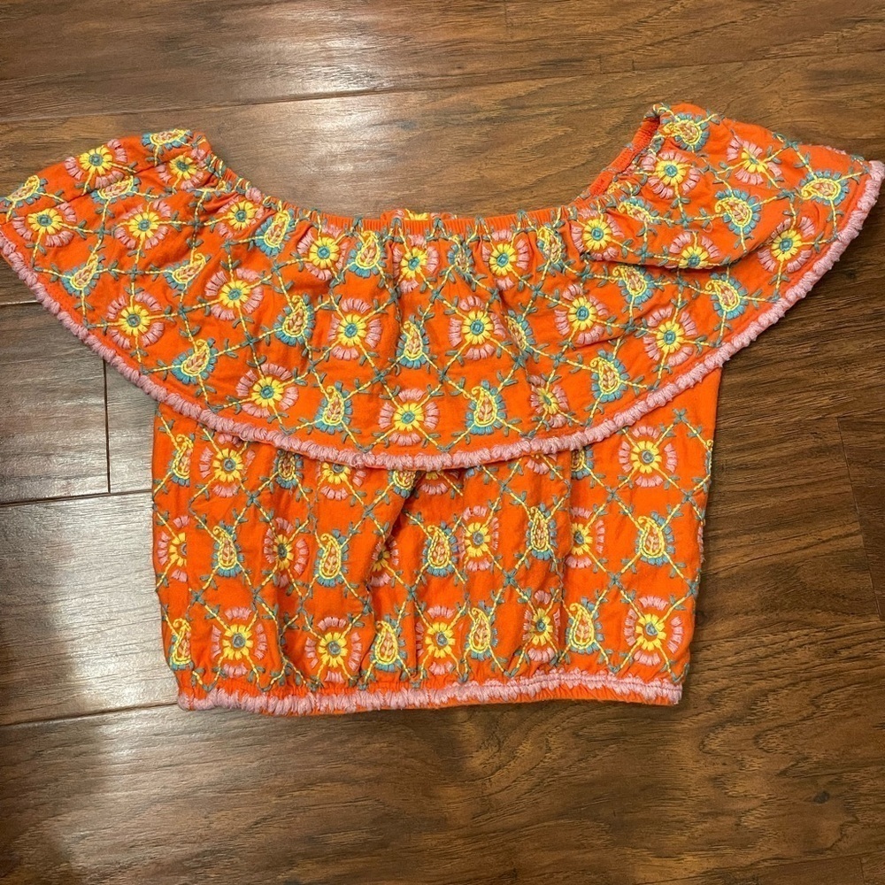 Top Shop Embroidered Boho Off the Shoulder Crop Top Size 2